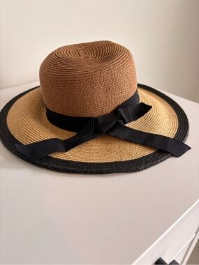Two-Tone Brown and Black Straw Sun Hat with Ribbon